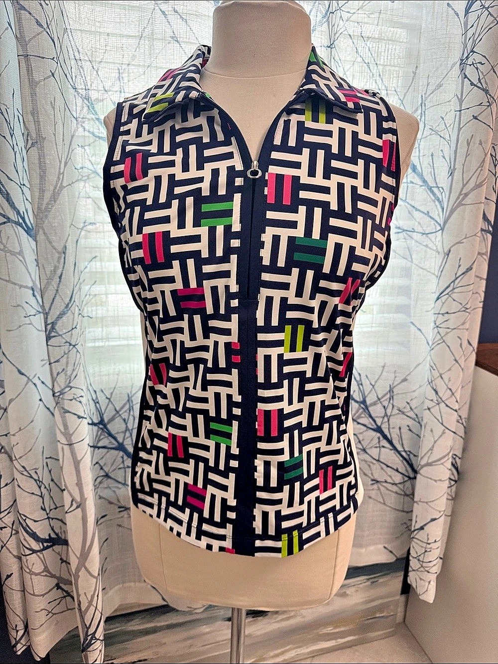 KINONA Geometric Zip Front Top in Blue & White Medium Like New